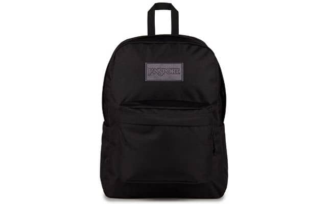 JanSport SuperBreak Plus black school backpack, a lightweight option for older students.