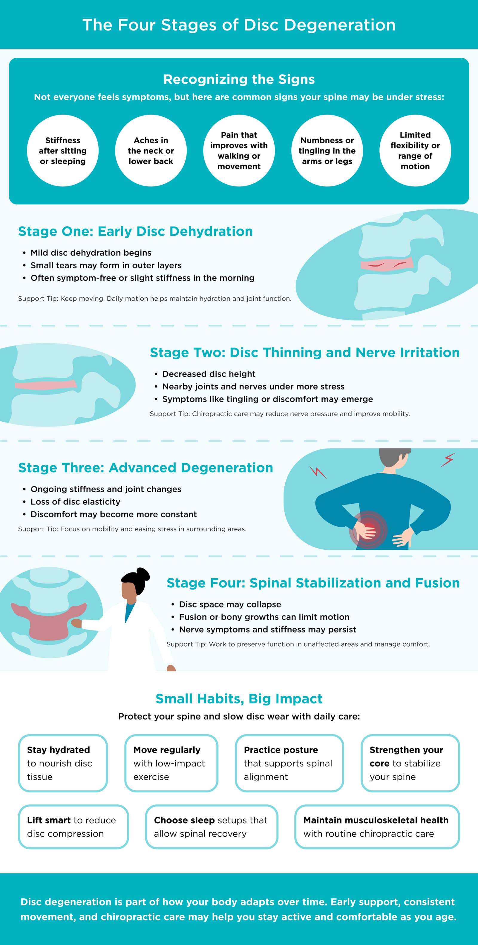 The Four Stages of Disc Degeneration with back stiffness, nerve irritation, limited mobility, and chiropractic care tips for spinal health support.